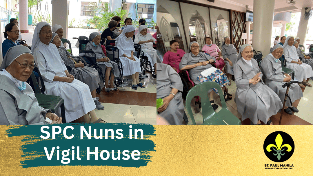 2 group photos of St. Paul nuns over gold background with text and SPMAFI logo