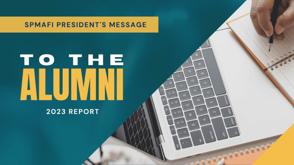 Featured banner graphics for the 2023 Alumni report by the SPMAFI President