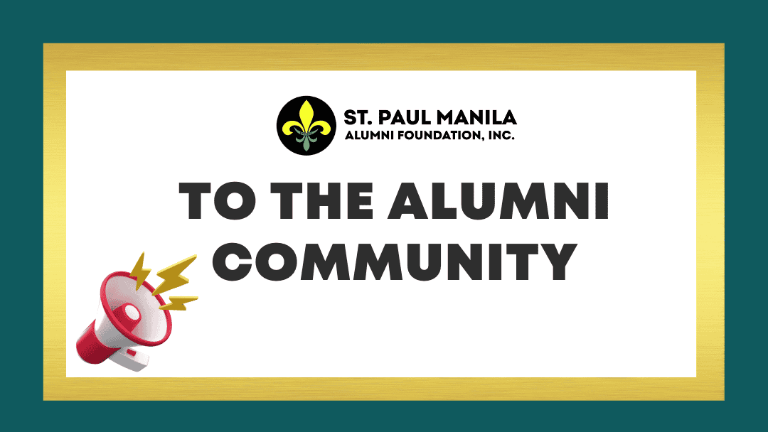 Graphics with a megaphone, SPMAFI logo and text To the Alumni Community